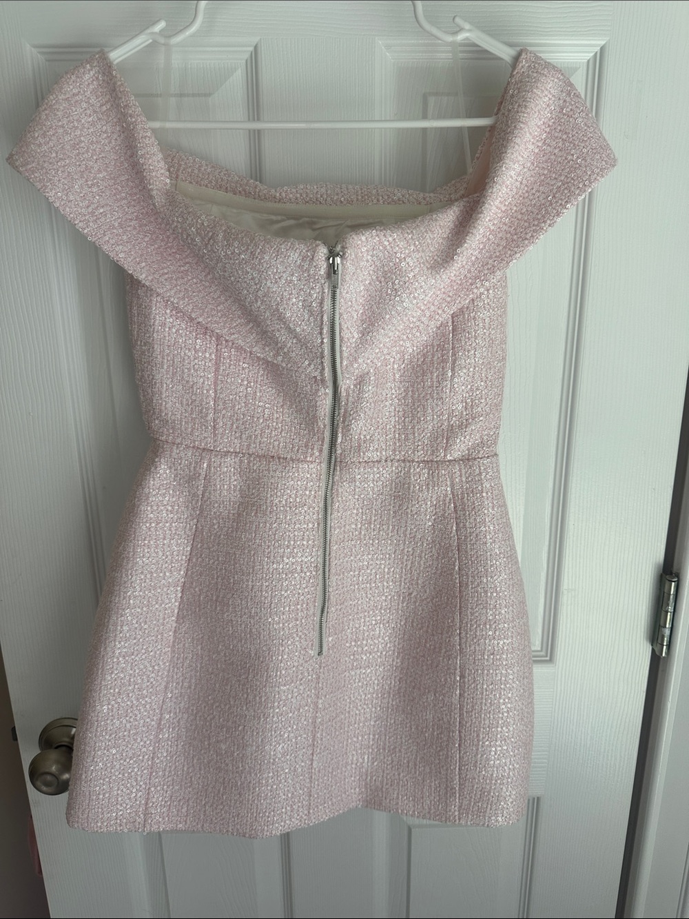 Meshki Helena Blush Off-the-Shoulder Tweed Mini Dress - Picture 5 of 6